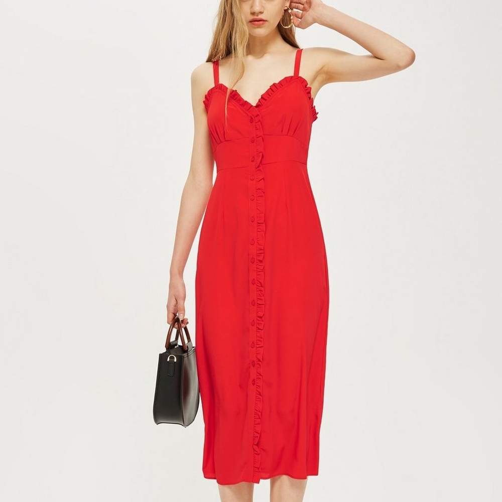 Topshop red midi dress with ruffle and button detail. Size 8